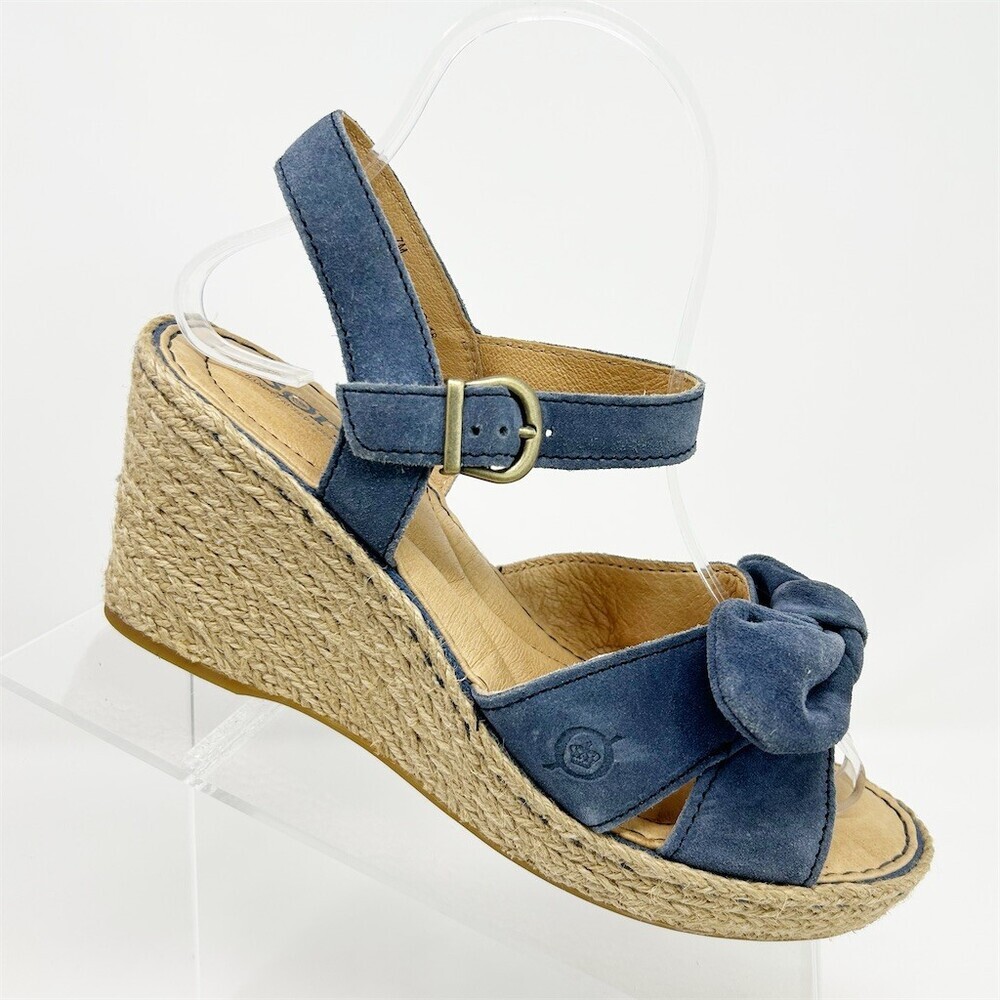 Born Cornflower Blue Espadrille Wedge Slingback Sandals Bow Buckle Size 7